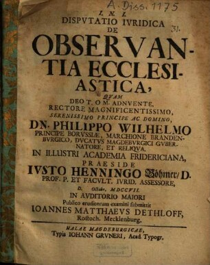 Dispvtatio Ivridica De Observantia Ecclesiastica
