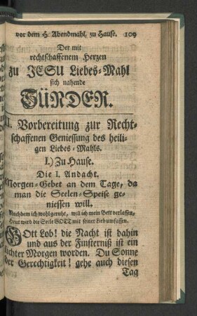 II. Vorbereitung zur Rechtschaffenen Geniessung des heiligen Liebes-Mahls.
