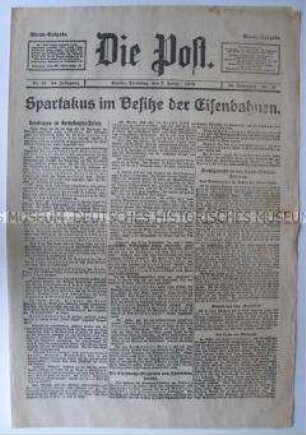 Abendausgabe der Tageszeitung "Die Post" zur Übernahme der Kontrolle über die Eisenbahn durch den Spartakus-Bund