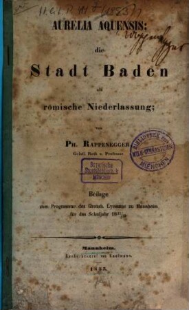 Programm des Grossherzoglichen Lyceums zu Mannheim. 1853, Beil.