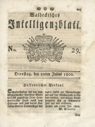 No. 29, Dienstag, den 22ten Julius 1800