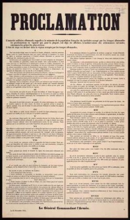 "Proclamation ... L'état de siège est déclaré dans la région occupée par les troupes allemandes" mit ausführlichen Verhaltensmaßregeln für die Zivilbevölkerung (39)