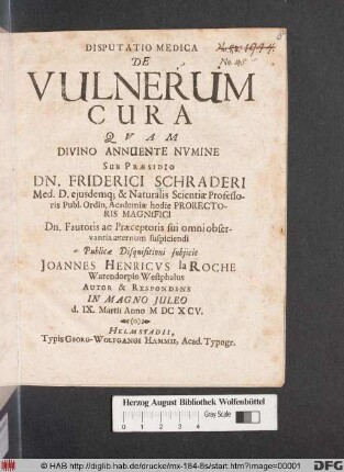 Disputatio Medica De Vulnerum Cura
