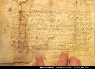 Der Pfarrer Johannes Wetter in Arle beurkundet eine Seelgerätstiftung des Markel Enghena für Kloster Coldinne. Angeheftet: Graf Edzard I. von Ostfriesland bestätigt = OUB II, Nr. 1635, S. 613 2 anhängende Siegel beschädigt erhalten; Anhängendes Siegel beschädigt erhalten