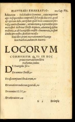 Locorum Communium Qui In Hoc primo enarrationum libro tractantur, Index.