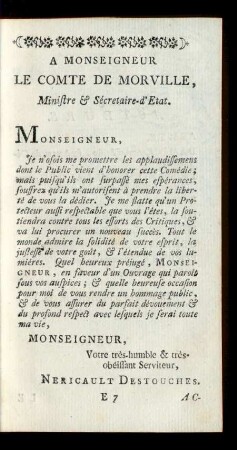 A Monseigneur Le Comte De Morville, Ministre Et Sécretaire - d' Etat.
