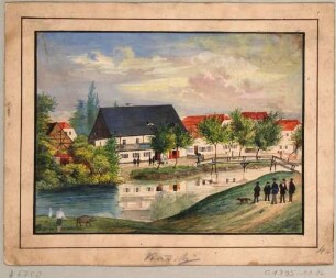 Ein Dorf an einem Bach mit Holzbrücke (ursprüngliche Zuordnung zu Dresden-Kaditz wahrscheinlich falsch)