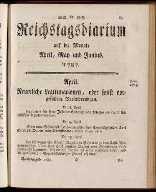 Reichstagsdiarium auf die Monate April, May und Junius. 1787.