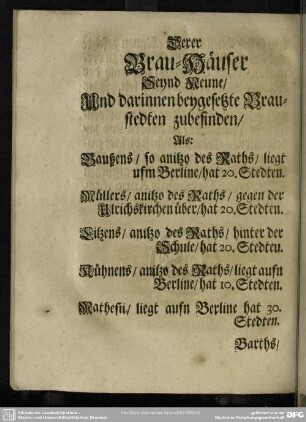 Derer Brau Häuser Seynd Neune, Und darinnen beygesetzte Braustedten zubefinden