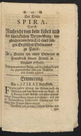 Der Dritte Spira, Das ist: Nachricht vond em Leben und der schröcklichen Verzweiflung ....
