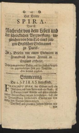 Der Dritte Spira, Das ist: Nachricht vond em Leben und der schröcklichen Verzweiflung ....
