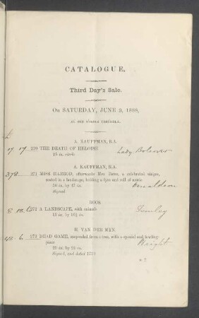 Catalogue. Third Day's Sale. On Saturday, June 9, 1888
