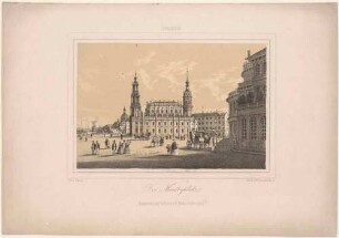 Die Katholische Hofkirche und der erste Bau der Semperoper in Dresden, Blick vom Theaterplatz aus in östliche Richtung