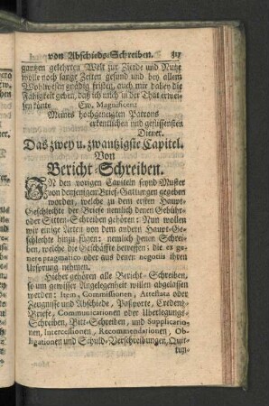 Das zwey u. zwantzigste Capitel. Von Bericht-Schreiben.