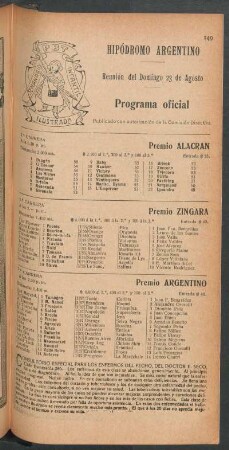 Hipódromo Argentino - Reunión del Domingo 23 de Agosto [de 1908] - Programa oficial