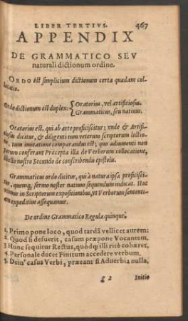 Appendix De Grammatico Seu naturali dictionum ordine.