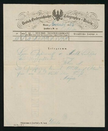 Telegramm vom November 1862