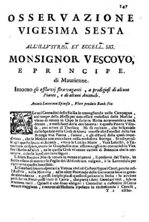 Osservazione Vigesima Sesta all'Illustriss. et Eccell. Sig. Monsignor Vescovo, e Principe de Maurienne ...