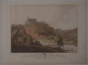 Ansicht von der Rochsburg bei Penig mit Wappen und Erläuterungen, kolor. Umrissradierung, 1810 : Rochsburg bei Penig: Denen Hochgebohrnen Herren . Heinrich Wilhelm Ernst .Heinrich Ernst . gewidmet von Christian Gottfried Schultze / Nach der Natur gezeichnet von J. F. Wizani. Gefertigt von C. A. Wizani - Dresden : Schultze , [ca. 1810]. - 1 Kunstbl. : kolor. Umrissradierung ; 53 x 37 cm