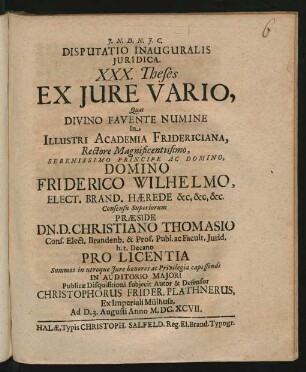 Disputatio Inauguralis Iuridica. XXX. Theses Ex Iure Vario