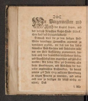 [Reglement für die bey der hiesigen nach Hamburg fahrenden Post dienenden Knechte und Fuhrleute.]