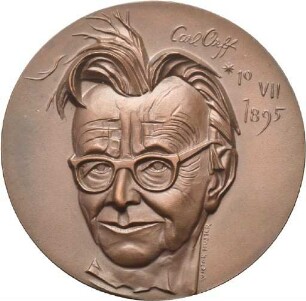 Medaille von Victor Huster auf den 100. Geburtstag Carl Orffs und zum 225-jährigen Bestehen des Schott-Musikverlags Mainz