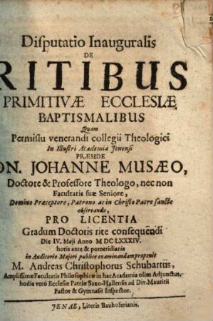 Disputatio Inauguralis De Ritibus Primitivae Ecclesiae Baptismalibus
