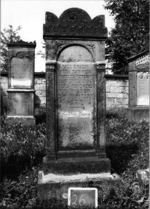 Grabstein 26 (Index: 99801889) Material: Sandstein Zustand: verwittert, gebrochen und repariert Maße HxBxT: 150x53x16 cm Beschreibung: ädikulaartige Stele mit Pilastern, getreppter Sockel, eingezogener Rundbogengiebel mit Eckakroteren, eingetieftes Schriftfeld mit Rundbogen Symbolik: Kreisfries: Grabstein 26