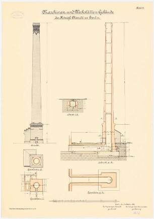 Küchen-, Maschinen- und Werkstättengebäude der Charité, Berlin: Maschinen- und Werkstättengebäude Schornstein: Grundrisse, Schnitte, Ansicht 1:100