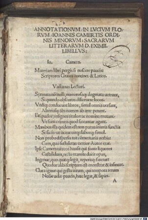Annotationvm In Lvcivm Florvm Ioannis Camertis Ordinis Minorvm: Sacrarvm Litterarvm D. Eximii. Libellvs