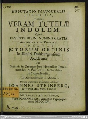 Disputatio Inauguralis Iuridica, Exhibens Veram Tutelae Indolem