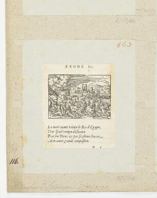 Die Israeliten leiden unter der Zwangsarbeit in Ägypten und bitten Gott um Hilfe, aus: Claude Paradin, "Quadrins historiques de la Bible", Lyon 1558