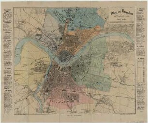 Stadtplan von Dresden, 1:15 000, Stich, 1885 : Plan von Dresden (nach 1885). Bearb. u. Gez. v. A. Kiesling u. I. F. Winkler. 1:15 000. Dresden: Jaenicke. - 54 x 47 cm (Stich). Mit Erbauungs-Jahre Stadtteile, Brücken, Eisenbahnen, Gebäude u. a.