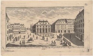 Dresden, der Neustädter Markt nach Süden mit Blockhaus (Alte Wache), Klostergasse (links), Badergasse (Mitte) und Meißnischer Gasse (rechts), Teil einer Reihe Dresdner und sächsischer Ansichten von Schlitterlau um 1770