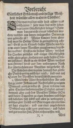 Vorbericht Göttliches Erkäntniß und heilige Weißheit wünsche allen wahren Christen!