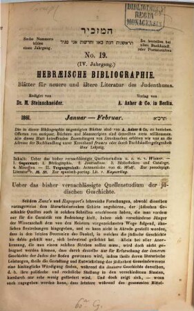 Hebraeische Bibliographie : Bl. für neuere u. ältere Literatur d. Judenthums ; zugl. e. Erg. zu allen Organen d. Buchhandels, 4. 1861
