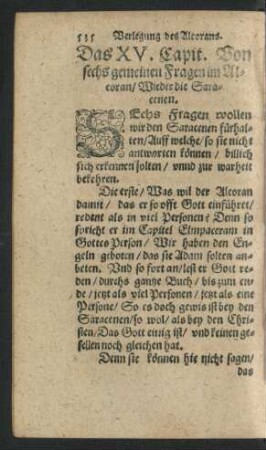 Das XV. Capit. Von sechs gemeinen Fragen im Alcoran ...