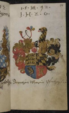 Wappen: Pfalzgräfin Dorothea Maria (von Pfalz-Zweibrücken-Sulzbach), geb. Herzogin von Württemberg (1559-1639), Eintrag 1592
