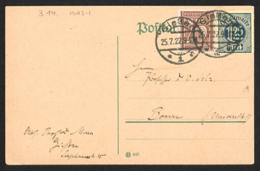 [Postkarte von August Messer an Otto Selz vom 25. Juli 1922]