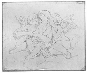 Drei singende Putten : Rietschel, Ernst. Drei singende Putten. Bleistift auf Transparentpapier; 12,8 x 15,4 cm. Um 1850. Privatbesitz. WVZ 315