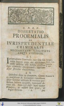 Dissertatio prooemialis de iurisprudentiae criminalis.