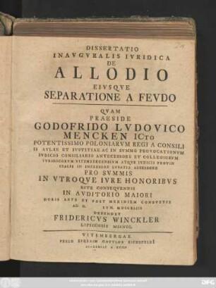 Dissertatio Inavgvralis Ivridica De Allodio Eivsqve Separatione A Fevdo