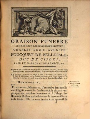 Oraison funebre de tres-haut ... Seigneur Foucquet de Belle-Isle, Duc de Gisors ...