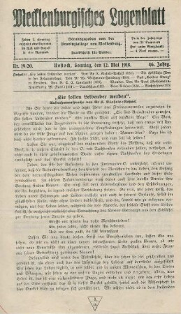 Nr. 19/20. Rostock, Sonntag, den 12. Mai 1918.