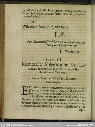 Lit. O. Memoriale Ablegatorum Suecicorum, cum eventuali protestatione ad Resolutionem Caesaream