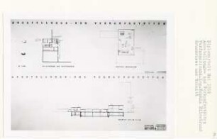 Ausstellungs - und Verkaufsstätten, Berlin-Mitte (Diplomarbeit bei Bernhard Hermkes): Grundriss Kellergeschoss Restaurant, Grundriss Ausstellungsraum und Schnitte 1:200