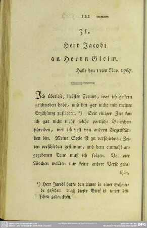 31. Herr Jacobi an Herrn Gleim. Halle den 11ten Nov. 1767