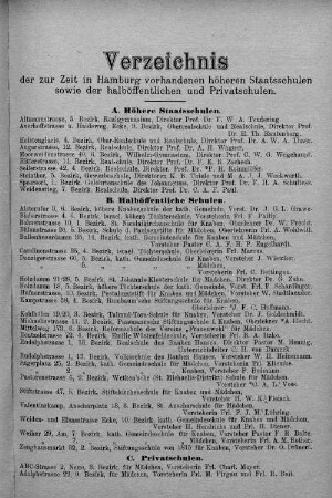 Verzeichnis der zur Zeit in Hamburg vorhandenen höheren Staatsschulen, sowie der halböffentlichen und Privatschulen