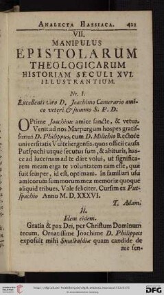 VII. Manipulus epistolarum theologicarum historiam seculi XVI. illustrantium