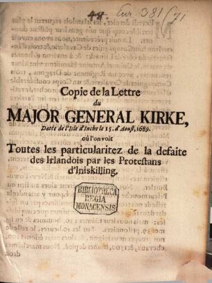 Copie de la Lettre du Major Général Kirke